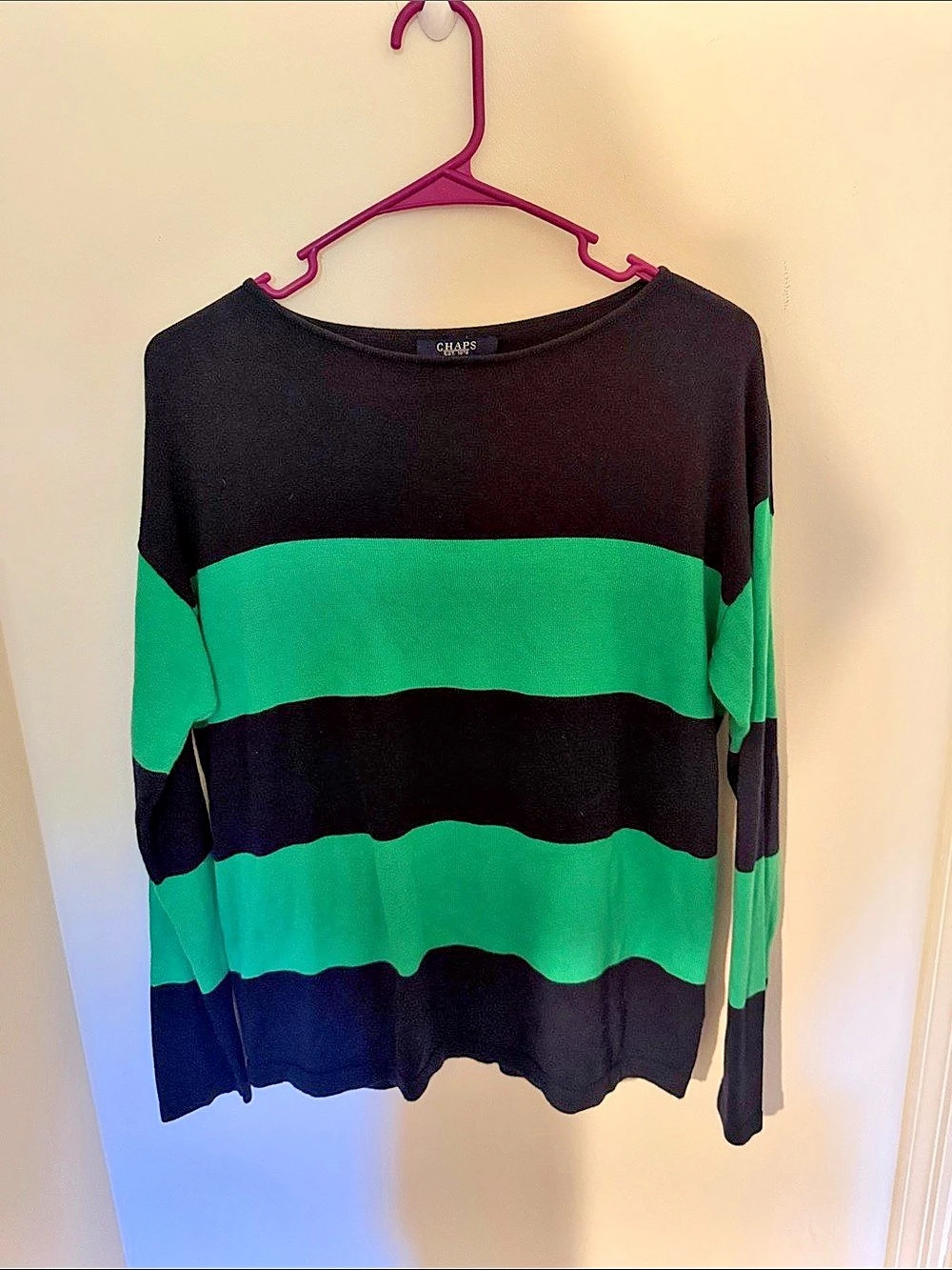 Chaps Women's Striped Long Sleeve sweater in Black & Green